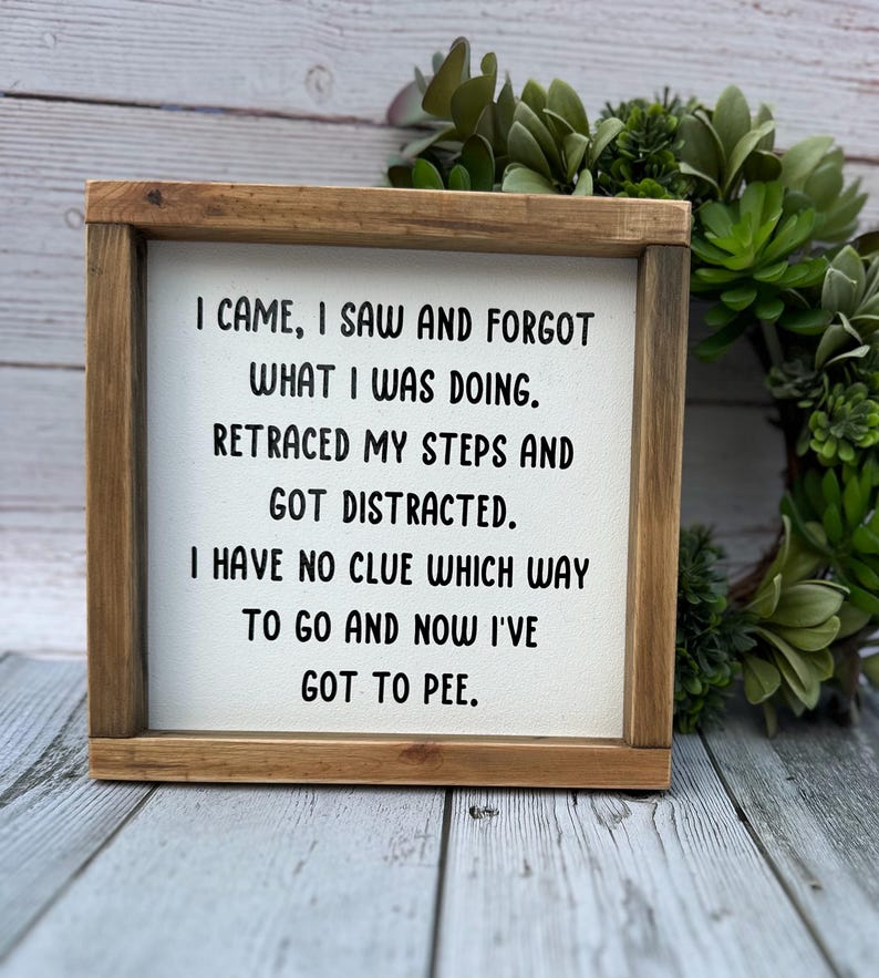 May include: A square wooden sign with a natural brown frame and a white center panel. The sign features black text that reads: I CAME, I SAW AND FORGOT WHAT I WAS DOING. RETRACED MY STEPS AND GOT DISTRACTED. I HAVE NO CLUE WHICH WAY TO GO AND NOW I'VE GOT TO PEE.