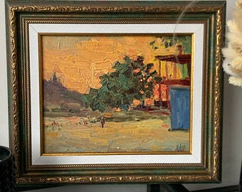 VINTAGE ORIGINAL PAINTING, oil painting, vintage realism, socialist realism, impressionism, landscape, Sunset, 1986, artist K. Litvin