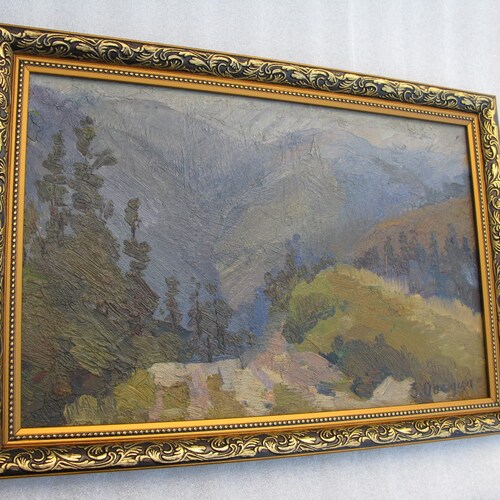 VINTAGE ORIGINAL PAINTING, oil painting, socialist realism, vintage, genre, landscape, impressionism, shops Mountains, 1988, artist Z. Osadtsa