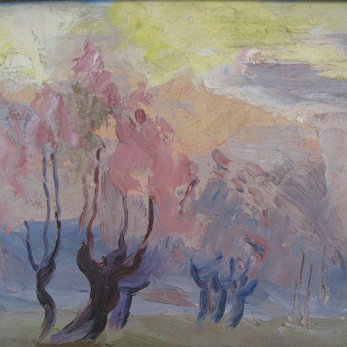 VINTAGE ORIGINAL PAINTING, oil shops painting, social realism, vintage, genre, landscape, impressionism, Sunset, 1984, artist Z. Osadtsa