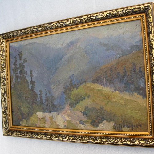 VINTAGE ORIGINAL PAINTING, oil painting, socialist realism, vintage, genre, landscape, impressionism, shops Mountains, 1988, artist Z. Osadtsa