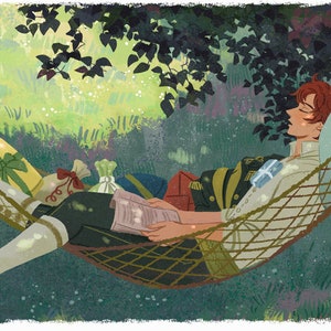 May include: A man with red hair is sleeping in a hammock under a tree. He is wearing a green and gold uniform and has a book in his hand. There are wrapped gifts around him.