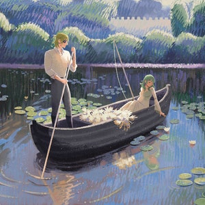 May include: A man and a woman in a wooden boat on a lake with lily pads. The man is rowing the boat with a long oar. The woman is sitting in the boat and looking at the water. The lake is surrounded by trees and a stone wall.