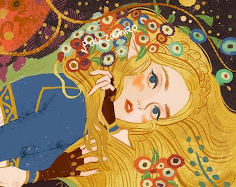 May include: A digital painting of a woman with long blonde hair, wearing a blue shirt and a brown glove. She is surrounded by colorful flowers and a dark background.