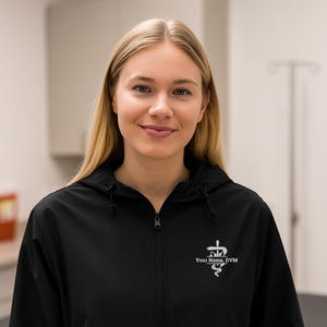 May include: Black hooded anorak jacket with a half-zip closure and a front pocket. The jacket features a white logo with the text "Your Name, DVM" on the chest. The anorak is worn by a person with blonde hair.