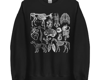 May include: Black sweatshirt with a white print of various anatomical illustrations, including a skeleton of a horse, a dog, and a cow, as well as a human heart, brain, lungs, and intestines.