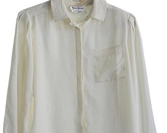 1980s Nipon Blouse with Puff Sleeves and Shoulder Pads, Ivory, sz 12 - I Magnin