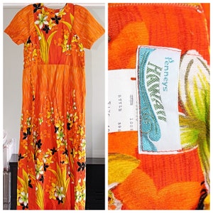 Penney's Hawaii 1960s Bark Cloth Muu Muu, Maxi Dress, Orange Floral, sz 10 image 1