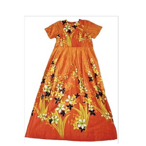 Penney&#39;s Hawaii - Vestido largo Muu Muu de tela de corteza de árbol de los años 60, estampado floral naranja, talla 10