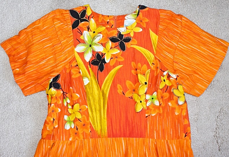 Penney's Hawaii 1960s Bark Cloth Muu Muu, Maxi Dress, Orange Floral, sz 10 image 3
