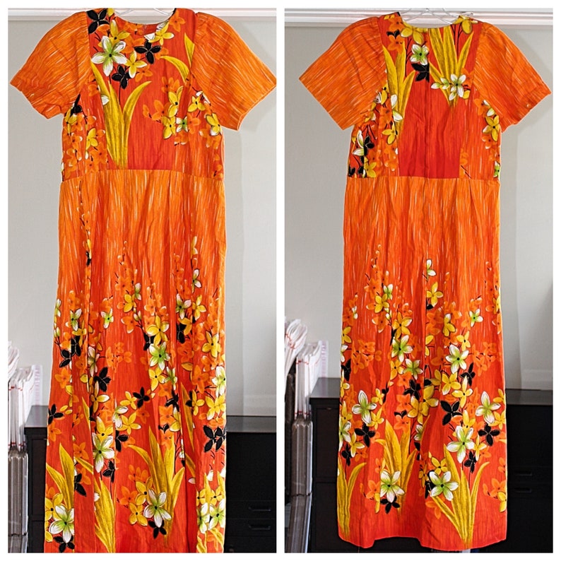 Penney's Hawaii 1960s Bark Cloth Muu Muu, Maxi Dress, Orange Floral, sz 10 image 2