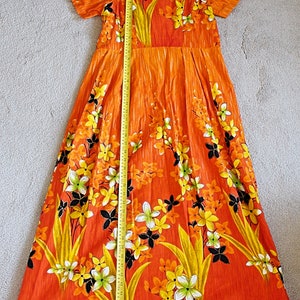 Penney's Hawaii 1960s Bark Cloth Muu Muu, Maxi Dress, Orange Floral, sz 10 image 7