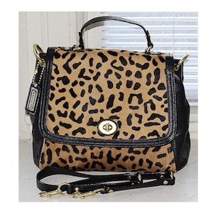 Coach - Cartera con solapa de piel de becerro de pelo Park Ocelot en colores negro y marrón leopardo - n.º F24986, asa superior convertible - 2006-2014, talla grande