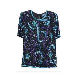 Vintage 1980s - Pinki Collection Sequin Embellished Top in Confetti Pattern, Silk Lining