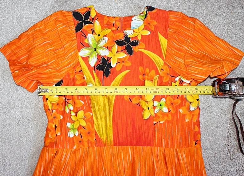 Penney's Hawaii 1960s Bark Cloth Muu Muu, Maxi Dress, Orange Floral, sz 10 image 5