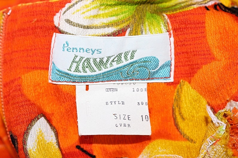 Penney's Hawaii 1960s Bark Cloth Muu Muu, Maxi Dress, Orange Floral, sz 10 image 8