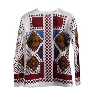 1970s Op Yop - Virginia Slims Style - Geometric MOD Patterned Long Sleeve Polyester Top, Large