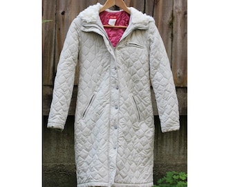 Vintage Esprit Puffer Parka, Faux Fur Hood, 1980s Bone & Pink, Small