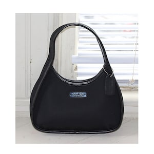 Coach Vintage - Neo Mini Satchel 6202 en negro con herrajes plateados, Turquía 1998, minibolso de nailon y cuero con etiqueta colgante