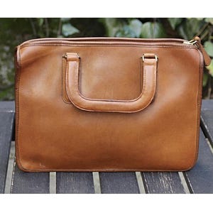 Coach Vintage -NYC  1970s Slim Satchel 9430 in  British Tan, Glue-In Creed, Made in &quot;The Factory&quot; - Double Handles, Mini-Brief, Pocket