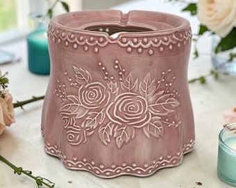 Pantalla de vela de cerámica vintage con rosas rosas / Lámpara de té / Centro de mesa para bodas de estilo rústico