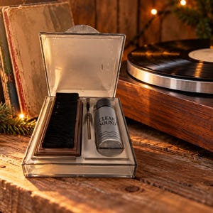 May include: A clear plastic storage case containing a black vinyl record cleaning brush, a small metal stylus brush, and a gray bottle labeled CLEAN SOUND with wavy line graphics. The kit is designed for the maintenance of vinyl records.