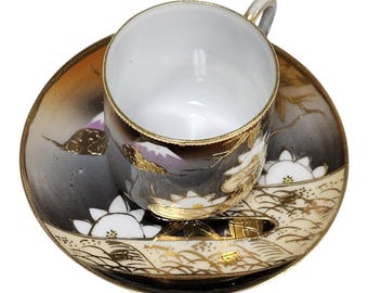 Vintage Mt Fuji Demitasse Cup and Saucer, Hand-Painted Gold Gilt Japanese Tea Set