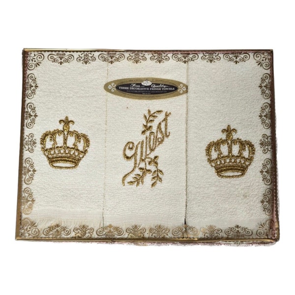 Vintage Guest Bathroom Hand Towel Set Gold Embroidered Crown Guest Towel of Royal Terry Of California Housewarming Gift