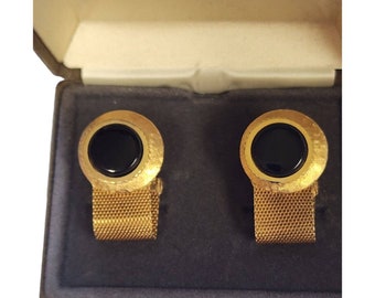 Boutons de manchette ovales Royale Gold Tone et Onyx vintage sophistiqués dans la boîte d'origine - Accessoire de bijoux élégant pour hommes