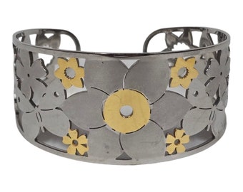 Vintage Milor Cuff Adjustable Bracelet Two Tone Stainless Steel Floral Cutout