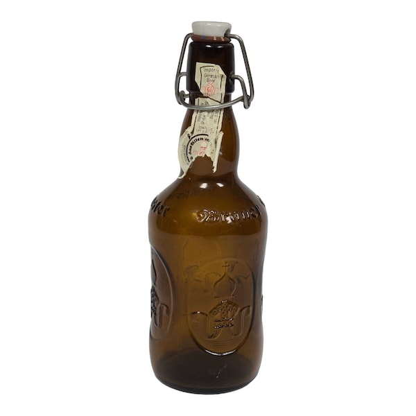 Vintage Brauer UltenMunster Bier 10" Amber Brown Beer Bottle - Collectible German Beer Bottle with Porcelain Swing Top - Home Bar Decor