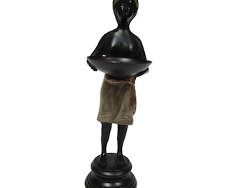 Vintage Bronze-Tone Figural Statue: Boy Holding Bowl, Eclectic Decor Shelf Sculpture