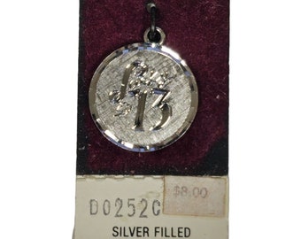 Vintage Silver Filled "Lucky 13" Etched Round Pendant Bracelet Charm Jewelry