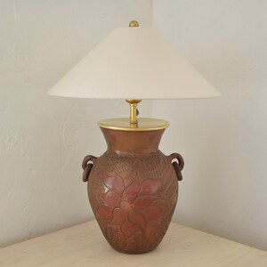 Vintage Brown & Red Flower Ceramic Table Lamp - Handmade Vase Lamp  - With or Without Custom Lampshade in Lots of Colors