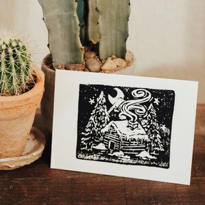 Cozy Winter Cabin Linocut Block Art Original Print