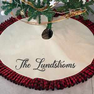 Personalized Buffalo Plaid Christmas Tree Skirt: 53&quot; Faux Burlap Ruffle