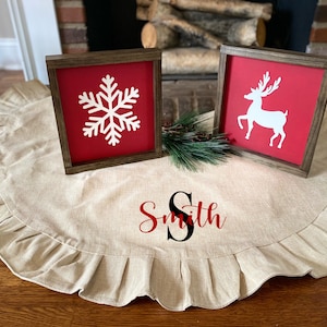 Personalized Buffalo Plaid Christmas Tree Skirt: Faux Burlap Ruffle Trim