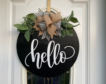 Round Hello Door Sign, Hello Door Hanger, Round Wooden Sign