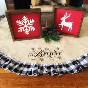 Personalized Buffalo Plaid Christmas Tree Skirt: 53&quot; Faux Burlap Ruffle Trim