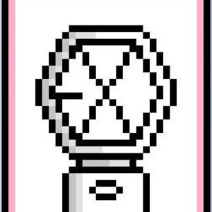 May include: A white light stick with a black and white pixelated design of a star. The light stick has the word "EXO" printed on the bottom.