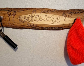 Live Edge Welcome Sign/Coatrack With Real Elk/Deer Antler Tips/Hunting Decor/Hunting Sign/Christmas Gift