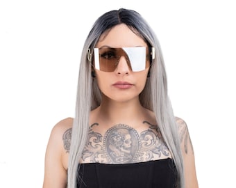 Elegantes gafas de sol de gran tamaño Y2K, gafas de sol lúcidas sin montura a la moda para mujer, gafas transparentes transparentes, gafas futuristas