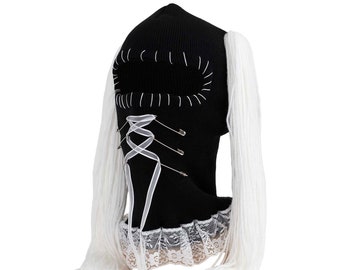 Balaclava Ski Mask Streetwear Fashion Womens Beanie Face Mask White Baby Doll Ski Mask With Lace Pigtails And Corset Mouth