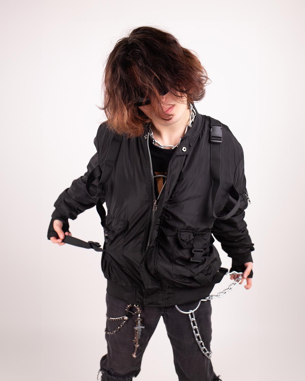 Black Techwear Bomber Jacket: Tactical Utility, Straps & Pockets 