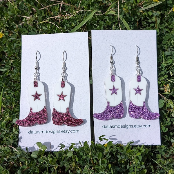 Glitter Maroon or Purple Cowboy Boots Earrings | Western Boots Acrylic Earrings | Western Star Earrings