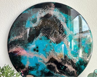 Pintura de resina, arte abstracto redondo de 18", oro turquesa negro
