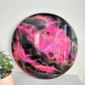 Resin Painting, 18&quot; Round Abstract Art, Black Magenta Gold