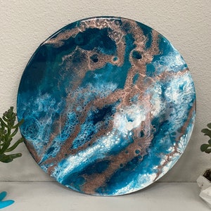 Resin Painting, 12&quot; Round Abstract Art, Dark Turquoise Metallic Teal Gold