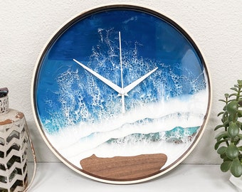 Resin Art Clock, Ocean Wave Clock, Handmade 12&quot; round Resin & Walnut, Home Decor