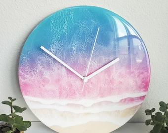 Resin Art Clock, Ocean Wave Clock, Handmade 12&quot; Round Resin & Wood, Home Decor
